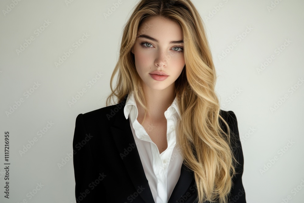 Portrait young woman long blonde hair highlights professional attire black blazer Portrait young woman long blonde hair highlights professional attire black blazer