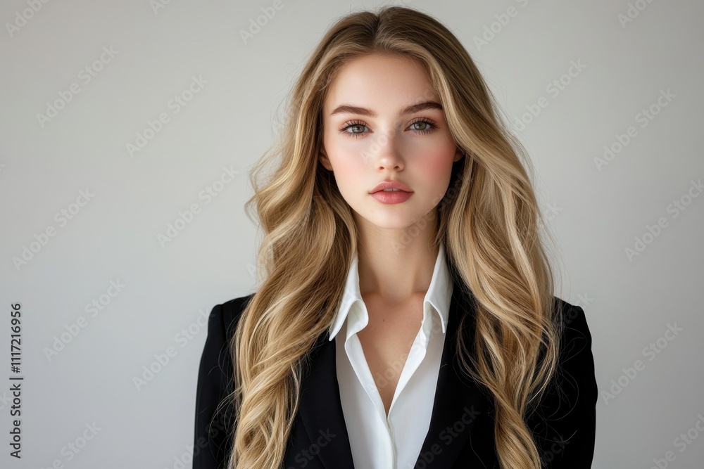 Portrait young woman long blonde hair highlights professional attire black blazer Portrait young woman long blonde hair highlights professional attire black blazer