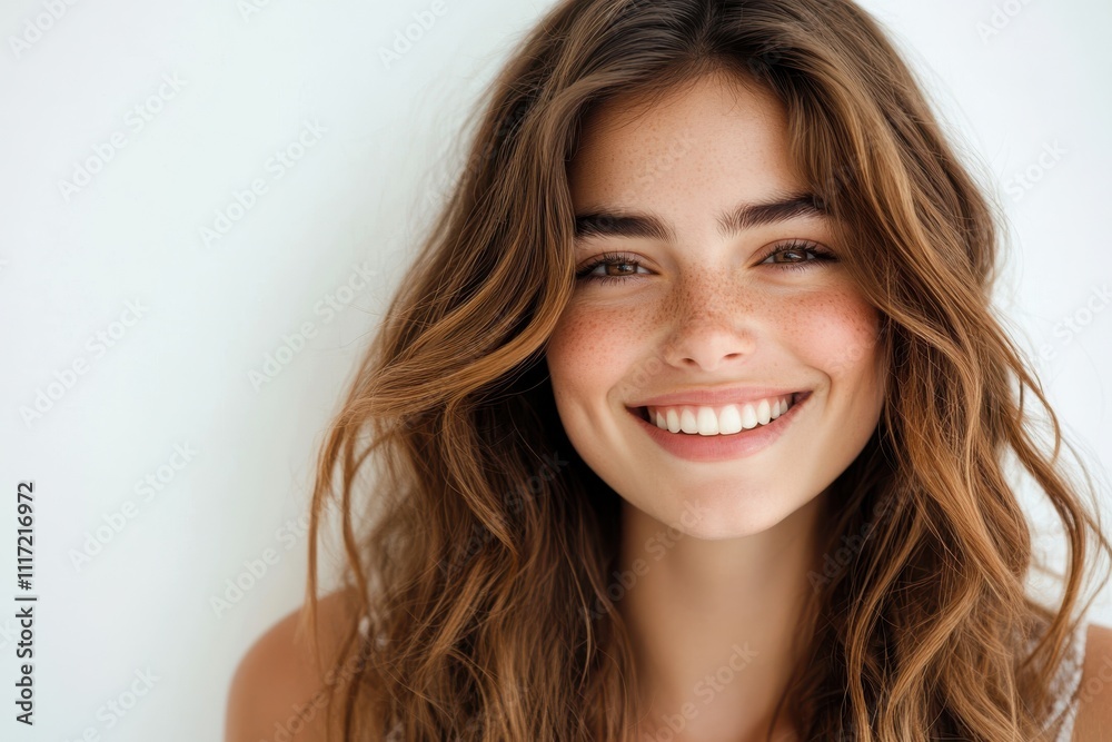 Portrait young woman radiant smile long wavy brown hair white top natural makeup bright teeth Portrait young woman radiant smile long wavy brown hair white top natural makeup bright teeth