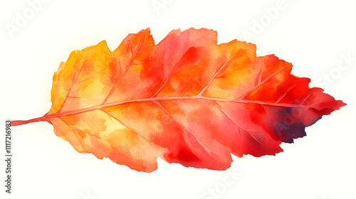 Watercolor painting of an autumn leaf in red and orange hues.