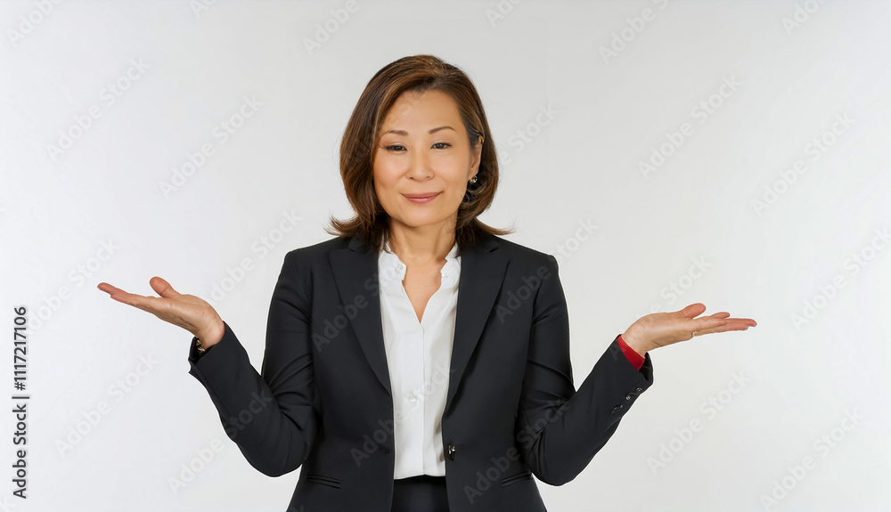 Middle-Aged Businesswoman in Confused 'I Don’t Know' Gesture on White Background Middle-Aged Businesswoman in Confused 'I Don’t Know' Gesture on White Background