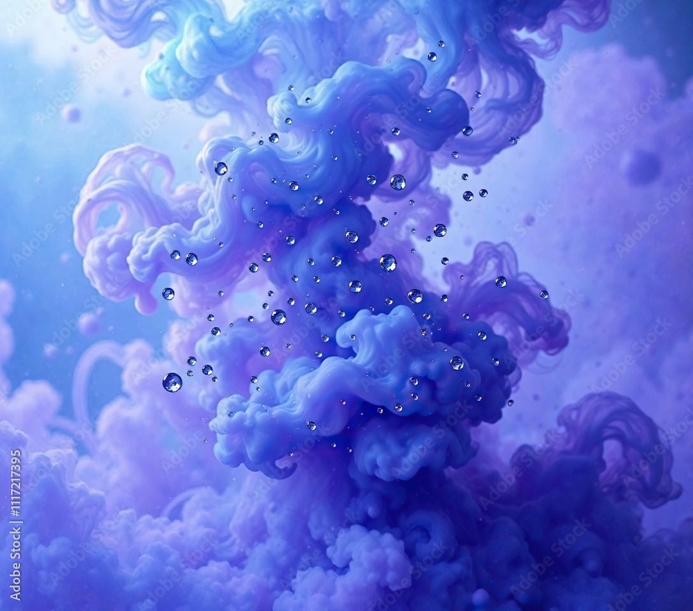 Water droplets suspended in blue purple swirling smoke , foggy atmosphere, wavy clouds Water droplets suspended in blue purple swirling smoke , foggy atmosphere, wavy clouds