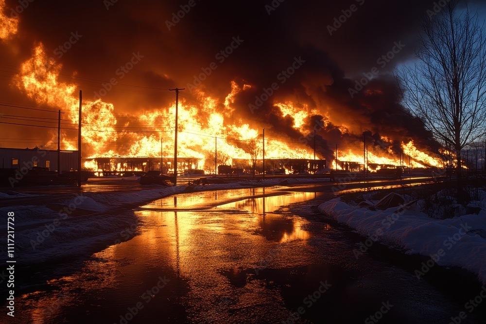 Massive inferno engulfing a row of buildings. Illustrates the destructive power of fire, perfect for news or disaster coverage. Massive inferno engulfing a row of buildings. Illustrates the destructive power of fire, perfect for news or disaster coverage.