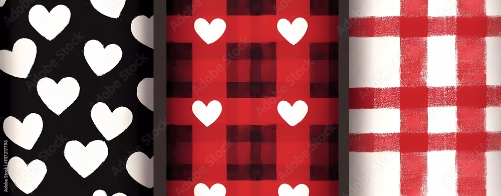 3 seamless patterns in the style of red and black gingham plaid with white hearts, romantic theme, vector illustration,