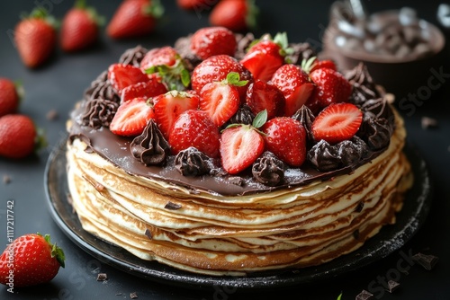 Chocolate crepe cake layered high, topped with fresh strawberries and chocolate frosting. Perfect for menus, blogs, or dessert-themed projects needing a delicious image. photo