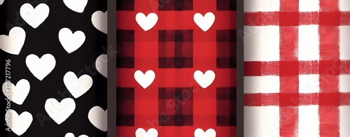 Obraz na płótnie 3 seamless patterns in the style of red and black gingham plaid with white hearts, romantic theme, vector illustration, w salonie