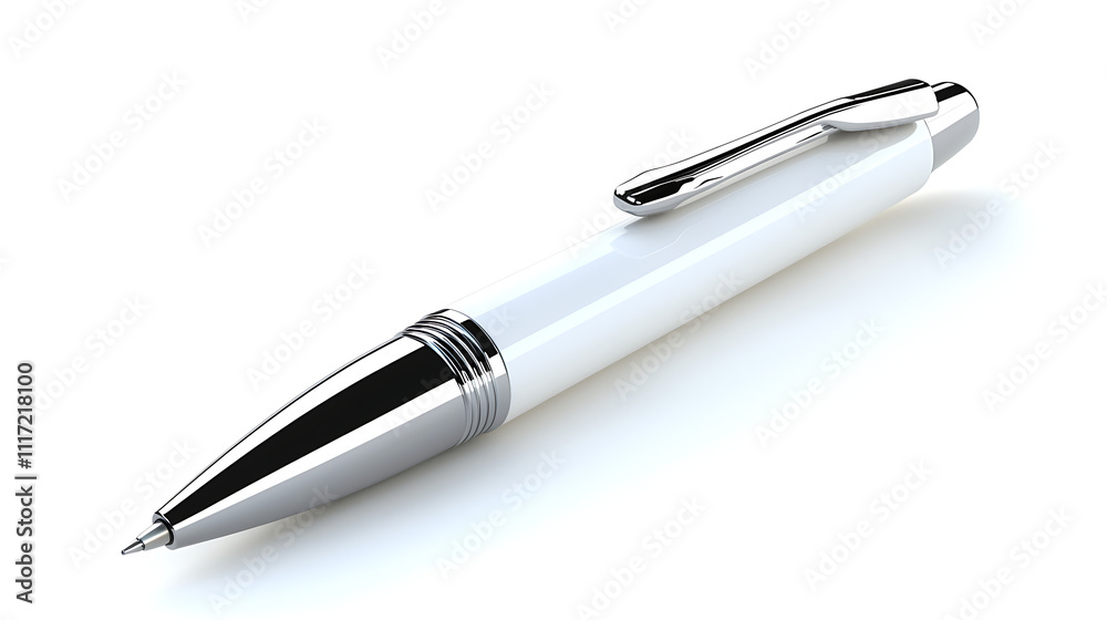 A silver pen with a black tip sits on a white background A silver pen with a black tip sits on a white background