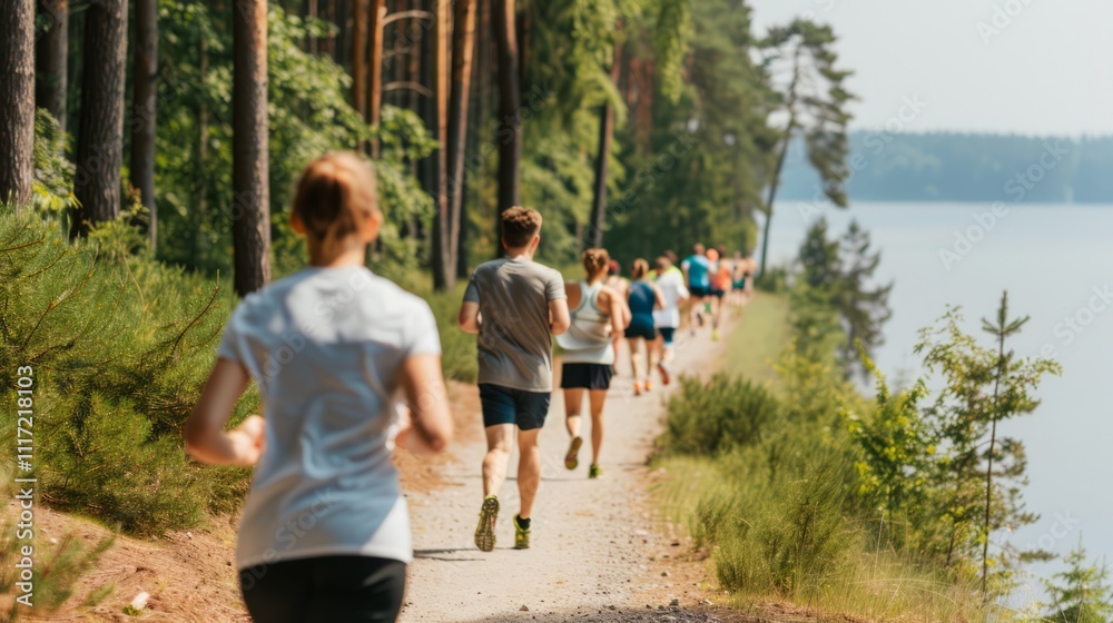 Group of Diverse Runners Jogging Along Scenic Trail by Calm Lake Surrounded by Lush Green Trees on a Bright Sunny Day in a Natural Environment Group of Diverse Runners Jogging Along Scenic Trail by Calm Lake Surrounded by Lush Green Trees on a Bright Sunny Day in a Natural Environment