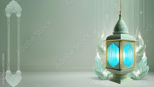 traditional qandeel (lantern) minimalist Milad theme with a serene, empty space in soft, light hues