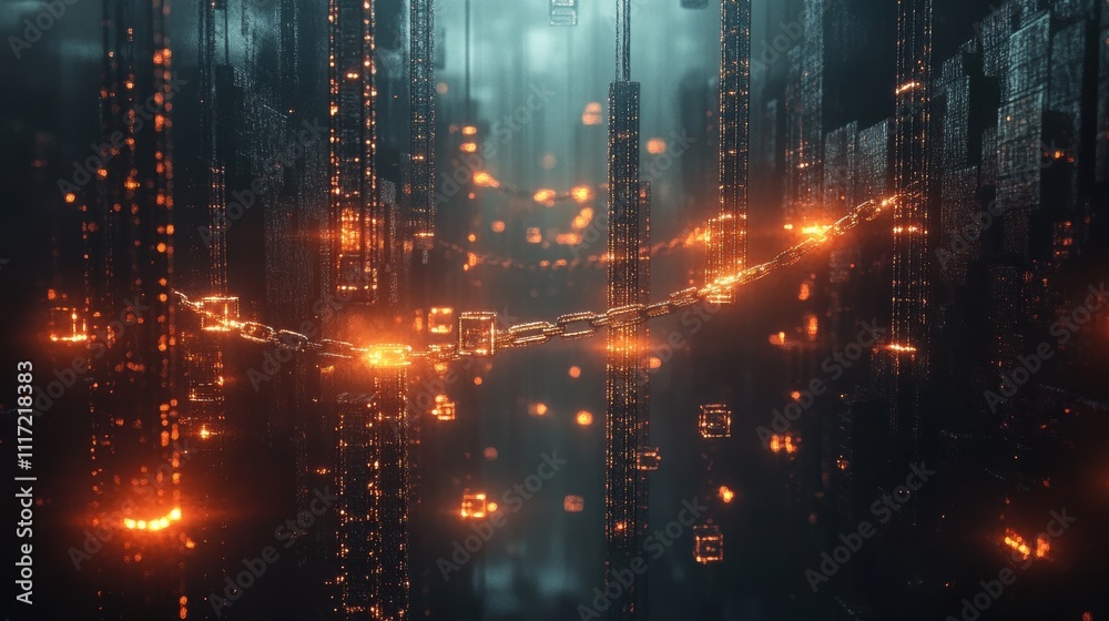 Glowing chain links connect digital blocks in dark, futuristic city. Illustrates blockchain technology, cybersecurity, or data connection concepts. Glowing chain links connect digital blocks in dark, futuristic city. Illustrates blockchain technology, cybersecurity, or data connection concepts.
