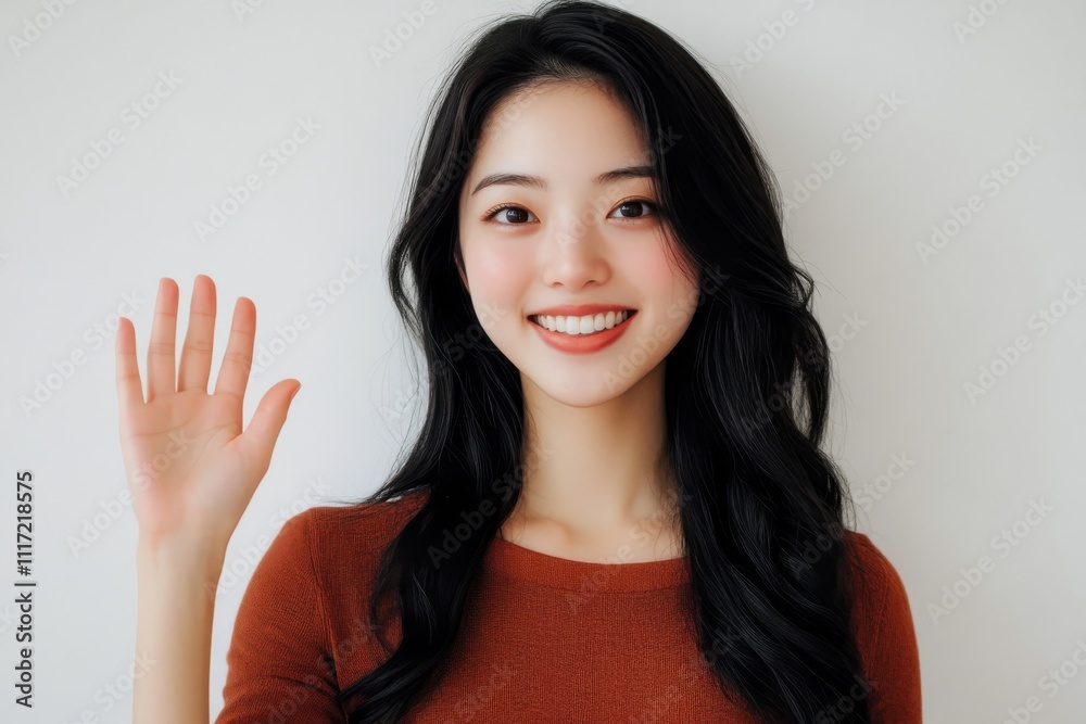 Selfie perspective young Asian woman bright smile waving hand long black hair rust colored top Selfie perspective young Asian woman bright smile waving hand long black hair rust colored top