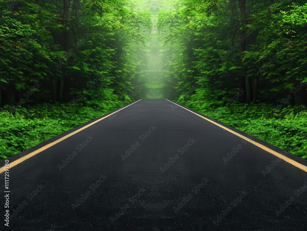 Fototapeta premium Paved road through a tranquil, fogcovered forest with soft light filtering through, Foggy forest road, Mysterious, scenic, peaceful