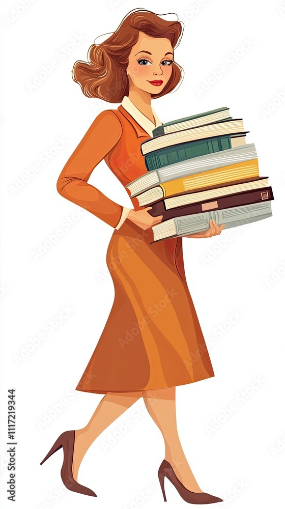 Retro Woman Carrying A Stack Of Books Retro Woman Carrying A Stack Of Books