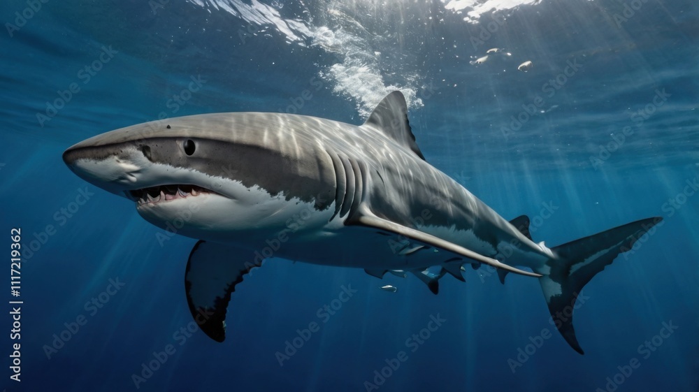 Fototapeta premium A close-up photo of a whale's head and flippers as it breaks the surface of the water. The whale's intricate markings and powerful physique are on full display.