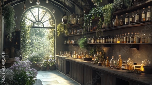 Sunlit apothecary shop with shelves of potions and herbs. Ideal for fantasy, magic, or alternative medicine themes.