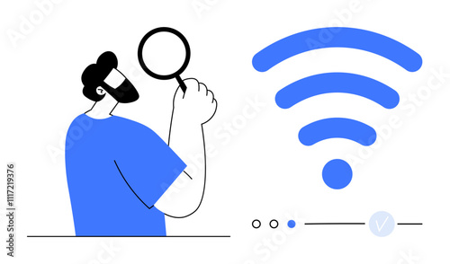 Man holding magnifying glass observes large blue wireless signal icon. Ideal for tech support, internet service, connectivity troubleshooting, online security, network analysis, digital