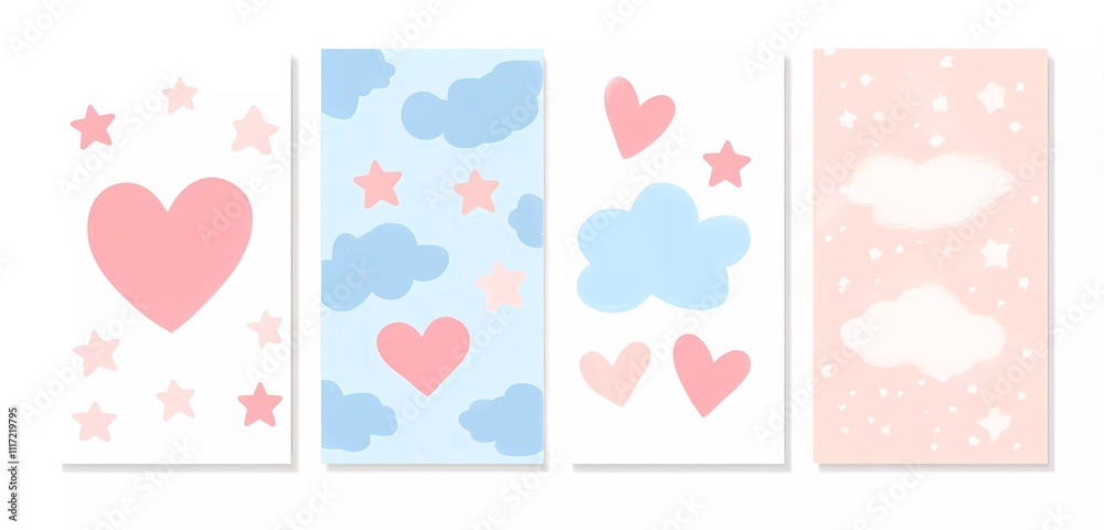 Set of four pastel pink and blue Valentine's Day postcards with heart, star, and cloud patterns. Vector illustration in a cute Set of four pastel pink and blue Valentine's Day postcards with heart, star, and cloud patterns. Vector illustration in a cute