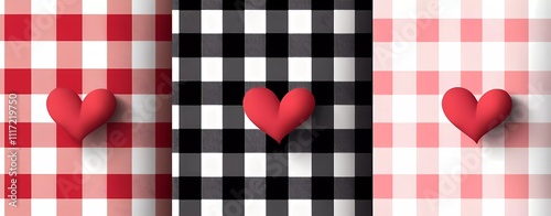 Set of black, white, and red gingham pattern with small hearts for Valentine's Day decoration. Vector seamless fabric design in a plaid style. 
