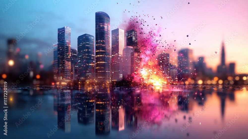 Urban explosion cityscape digital art evening aerial view futuristic concept enhancements Urban explosion cityscape digital art evening aerial view futuristic concept enhancements