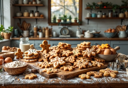 Festive Gingerbread and Holiday Sugar Cookies Arranged on Rustic Wooden Board in Cozy Kitchen, Surrounded by Baking Ingredients, Rolling Pin, Flour, Eggs, and Decorative Cookie Cutters
 photo