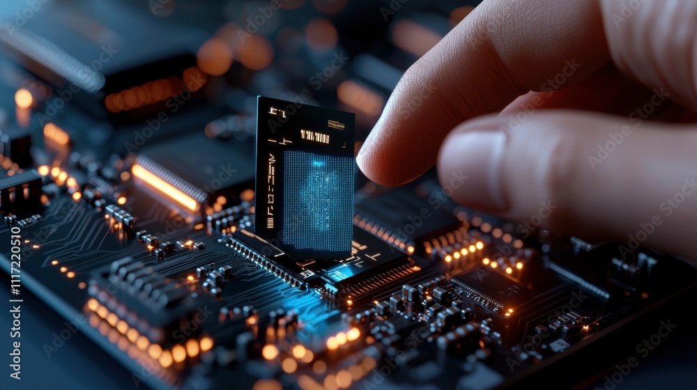 Hand inserting advanced chip on circuit board technology lab close-up modern environment innovative concept