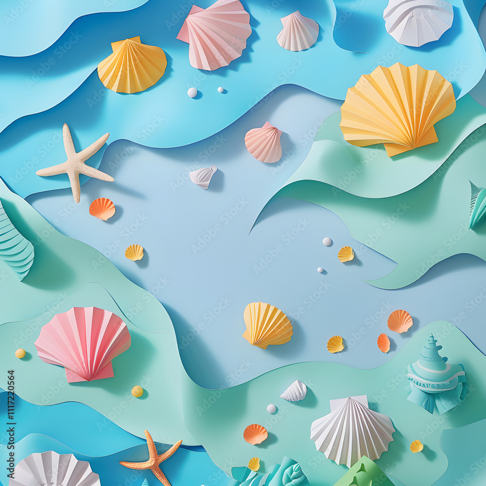 Naklejka premium A colorful paper collage of seashells and starfish on a blue background. Concept of whimsy and playfulness, as the various shapes and colors of the shells create a lively and cheerful scene
