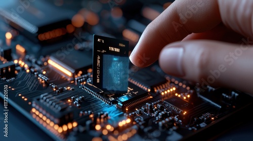 Hand inserting advanced chip on circuit board technology lab close-up modern environment innovative concept