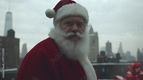 Santa Claus stares intently at the camera on a city rooftop in winter. photo