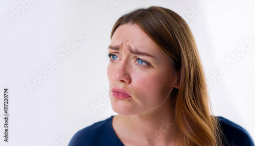 Close-Up Portrait of a Confused Woman with Furrowed Brow and Uncertain Expression on White Background