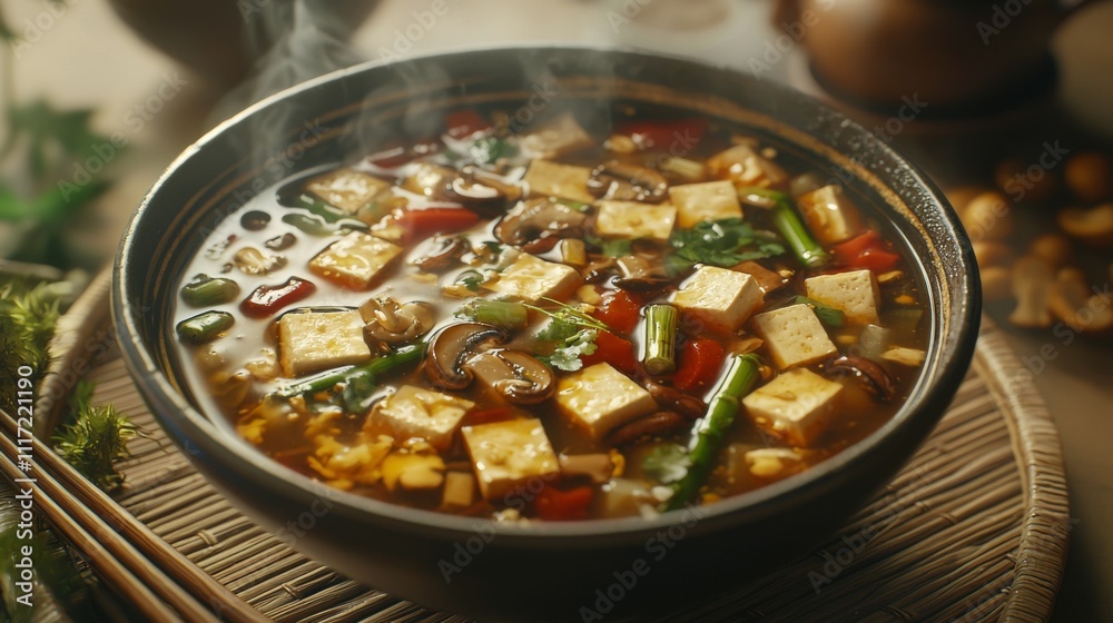 Steaming Hot and Sour Soup with Tofu Mushrooms Bamboo Shoots Steaming Hot and Sour Soup with Tofu Mushrooms Bamboo Shoots