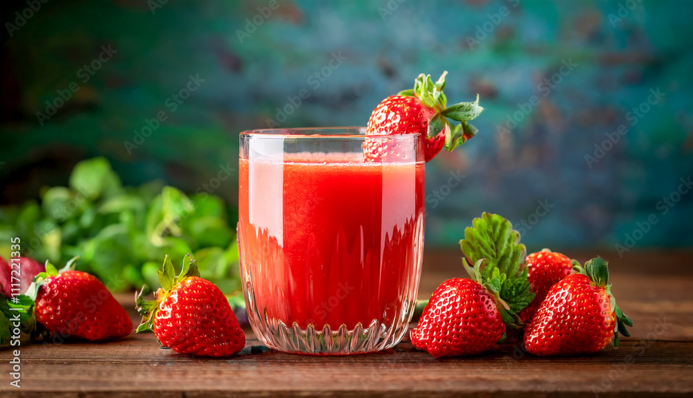 Close-Up of Clear Glass with Fresh Strawberry Juice Surrounded by Plump Strawberries and Leafy Greens Close-Up of Clear Glass with Fresh Strawberry Juice Surrounded by Plump Strawberries and Leafy Greens