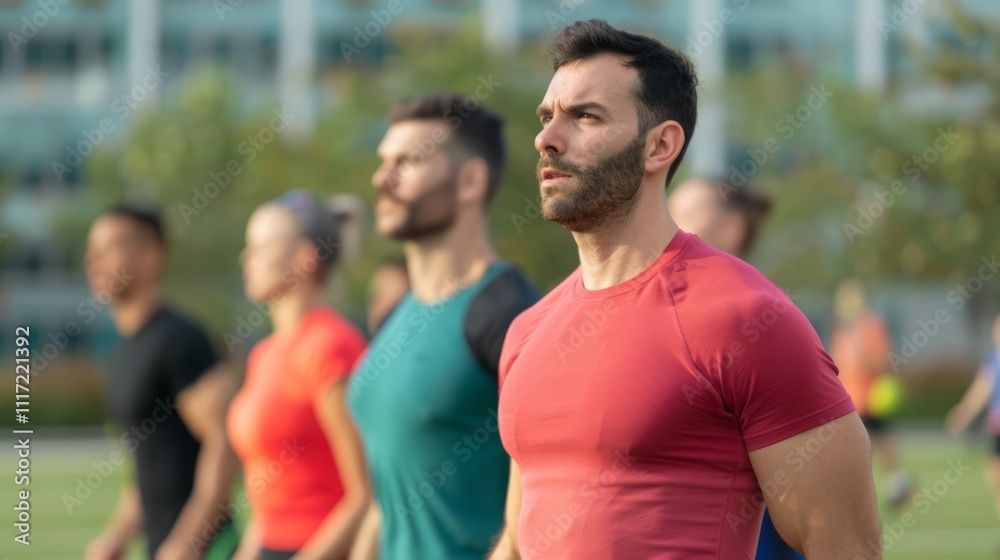 Group of Diverse Young Adults Engaging in Outdoor Fitness Training, Motivated and Focused with Varying Clothing in Modern Urban Setting Group of Diverse Young Adults Engaging in Outdoor Fitness Training, Motivated and Focused with Varying Clothing in Modern Urban Setting