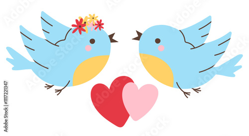Romantic Birds and Hearts. Adorable Birds in Love. Bird Couple with Hearts. Vector illustration, flat style