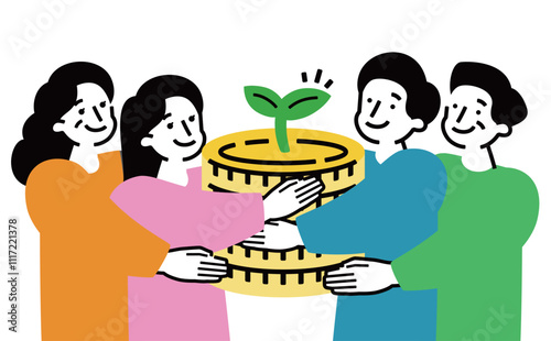 家族でお金を育てる・貯金・貯蓄をする教育資金のイメージイラスト_奨学金・ライフプラン