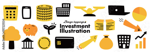投資に関するお金アイコンイラスト_コイン・札束・会社・ノートパソコン・袋・貯金箱など