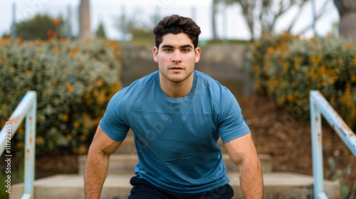 Young man in athletic wear performing a workout outdoors, focused on fitness and health, showcasing strength and determination in a park setting with greenery and steps