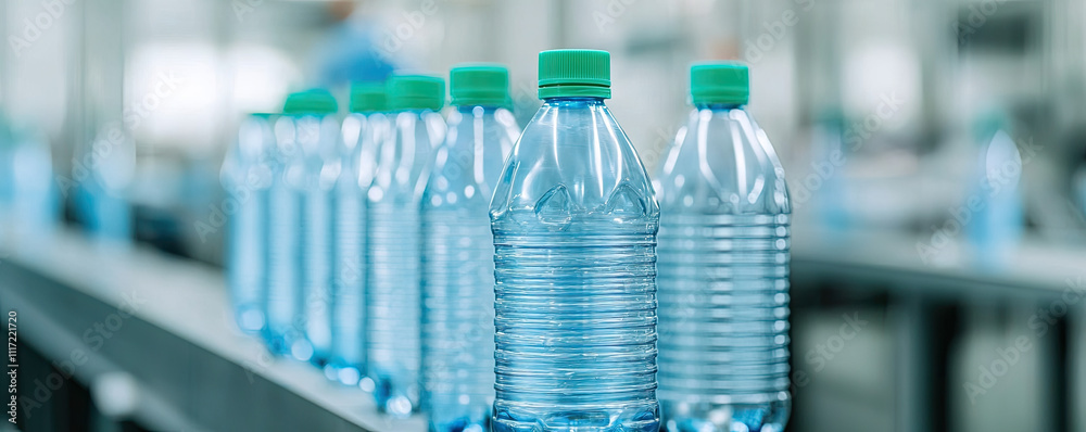 Rows of clear water bottles on a production line in a modern factory setting. Rows of clear water bottles on a production line in a modern factory setting.