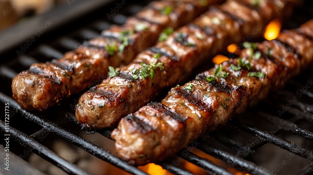 Grilled meat skewers cooking on a barbecue grill Grilled meat skewers cooking on a barbecue grill