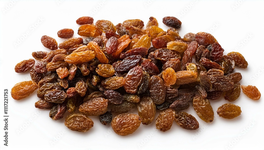 Raisins in top view, isolated on white background with clipping path, perfect for food packaging and healthy snack promotions Raisins in top view, isolated on white background with clipping path, perfect for food packaging and healthy snack promotions