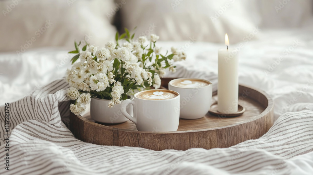 Cozy Morning Coffee Tray With Flowers and Candle On Bed. A cozy morning scene with a wooden tray holding coffee mugs, flowers, and a candle on a soft bed. Perfect for relaxation and tranquility. Cozy Morning Coffee Tray With Flowers and Candle On Bed. A cozy morning scene with a wooden tray holding coffee mugs, flowers, and a candle on a soft bed. Perfect for relaxation and tranquility.