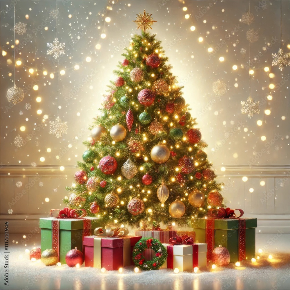 A festive Christmas tree adorned with sparkling ornaments, wrapped gifts, and a golden star awaits the holiday season