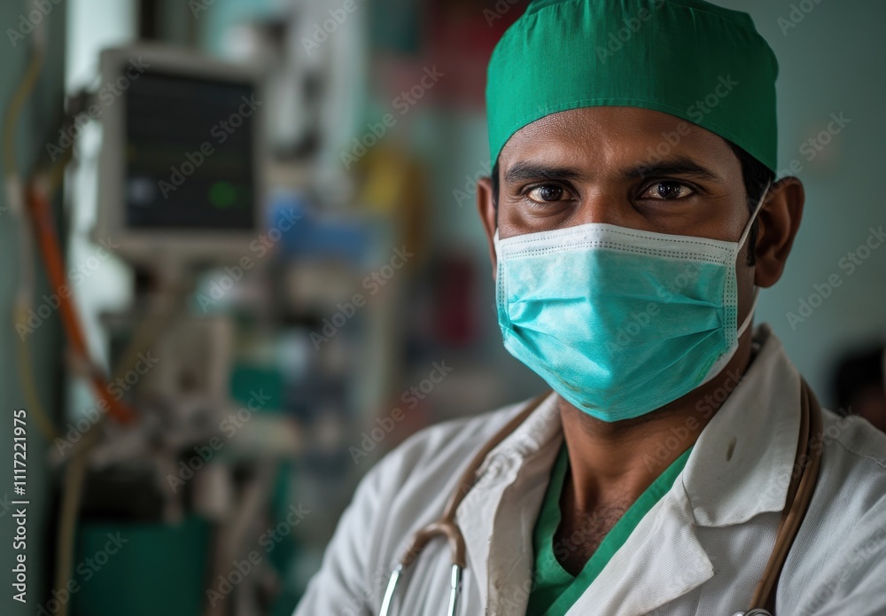Focused Male Doctor in Medical Scrubs and Green Cap, Wearing Face Mask in Hospital Setting While Preparing for Patient Care and Medical Assistance Focused Male Doctor in Medical Scrubs and Green Cap, Wearing Face Mask in Hospital Setting While Preparing for Patient Care and Medical Assistance