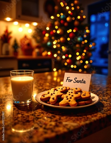 Plate of Christmas gingerbread cookies for Santa with glass of milk on festive kitchen table with bokeh lights from decorated Christmas tree in background, warm cozy holiday scene
