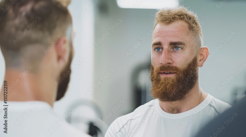 Fototapeta premium Focused Man with a Beard in Gym Reflecting on Progress in Mirror, Engaging in Self-Reflection and Motivation During Fitness Journey
