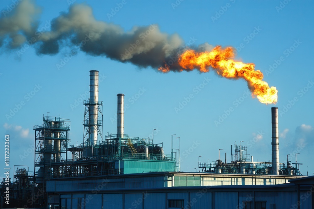 Industrial plant emitting smoke and flames. Illustrates pollution, industrial processes, and environmental concerns. Industrial plant emitting smoke and flames. Illustrates pollution, industrial processes, and environmental concerns.