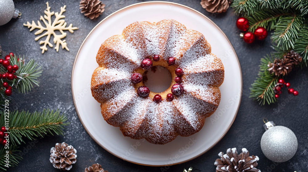 Festive Bundt Cake with Holiday Decorations. A beautifully decorated Bundt cake surrounded by Christmas-themed elements, perfect for holiday celebrations. Festive Bundt Cake with Holiday Decorations. A beautifully decorated Bundt cake surrounded by Christmas-themed elements, perfect for holiday celebrations.