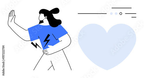 Woman with arm raised in stop gesture, wearing blue shirt with lightning symbol, large blue heart beside. Ideal for emotions, energy, health, relationships, boundaries, strength, protection. Line