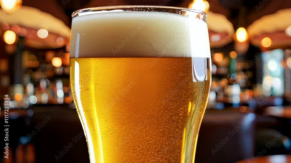 Frothy golden beer in a glass at a warm and inviting pub setting