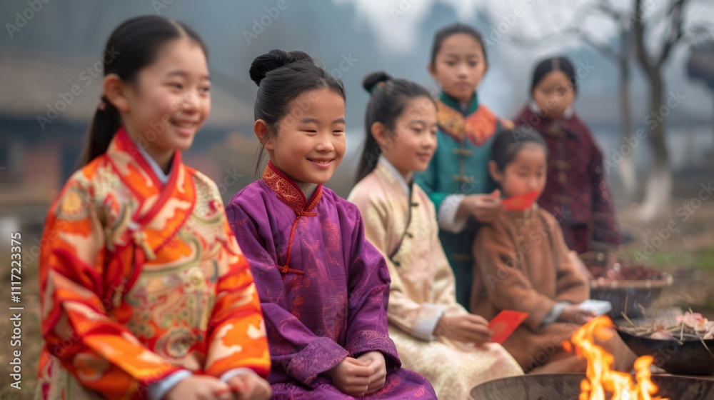 Joyful Children in Traditional Attire Enjoying a Cultural Celebration Around a Warm Bonfire in a Misty Landscape, Highlighting Asian Heritage and Community Spirit Joyful Children in Traditional Attire Enjoying a Cultural Celebration Around a Warm Bonfire in a Misty Landscape, Highlighting Asian Heritage and Community Spirit