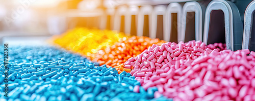 Vibrant pharmaceutical pills in various colors, showcasing modern production methods.